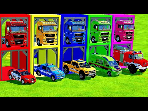 TRANSPORTING FIRE DEPARTMENT, AMBULANCE, DACIA, CHEVROLET, VOLKSWAGEN, POLICE CARS WITH TRUCKS! FS22