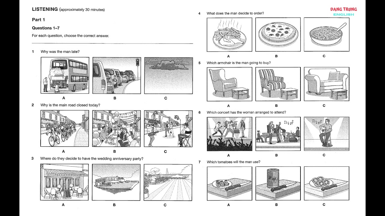 Listening B1 revised 2020, PET 1 , Test 3, Part 1