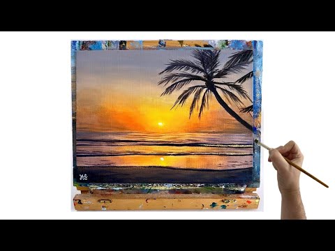 Acrylic painting tutorial ocean sunset for beginners to intermediate - how to paint a sunset beach
