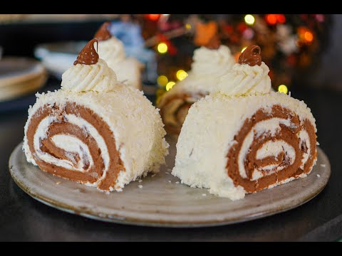 Individual mini Yule logs with Japanese biscuit base, white coconut ganache and Nutella