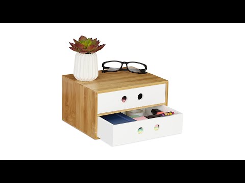 Organiseur de bureau 2 tiroirs Marron - Blanc - Bambou - Bois manufacturé - 25 x 14 x 20 cm