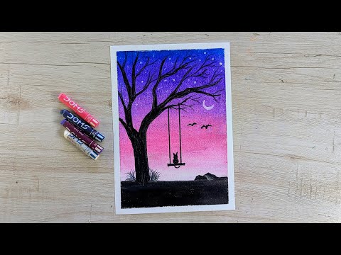 How to Draw Beautiful Moonlight Scenery with Oil Pastels | Step by Step for Beginners
