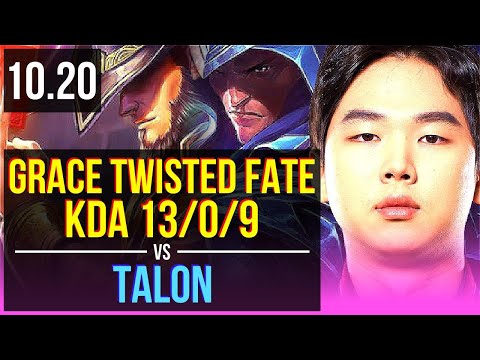 Grace TWISTED FATE vs TALON (MID) | KDA 13/0/9, Triple Kill, Legendary | KR Master | v10.20