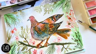 Whimsical Watercolor Bird Tutorial using Kuretake Art Nouveau - Step by Step including drawing