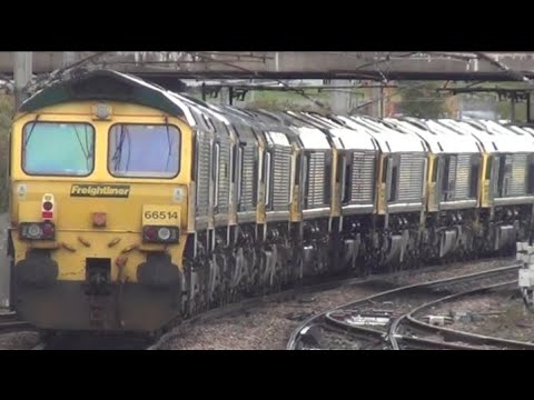 Rare class 66 locomotives convoy through Warrington Bank Quay station, Great Britain
