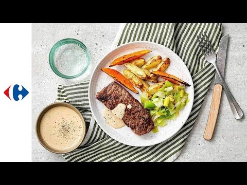 Steak sauce roquefort, grenailles et patates douces au four