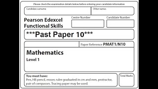 Functional Skills Maths L1 Past Paper 10 Pearson Edexcel