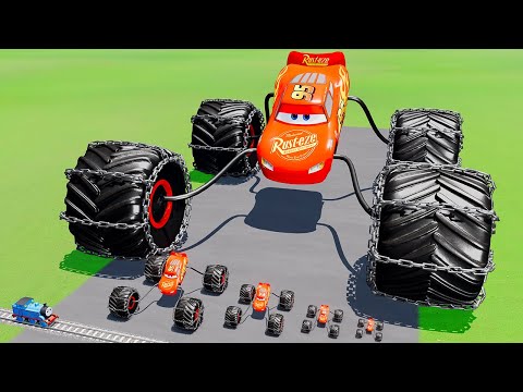 Big & Small Spider Monster Truck Lightning McQueen Spiked Thorns vs Thomas the Train BeamNG.Drive
