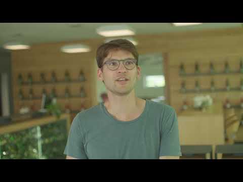 Weingut Braun Vinothek: Tresen mit grünlich schimmerndem Bruchglas