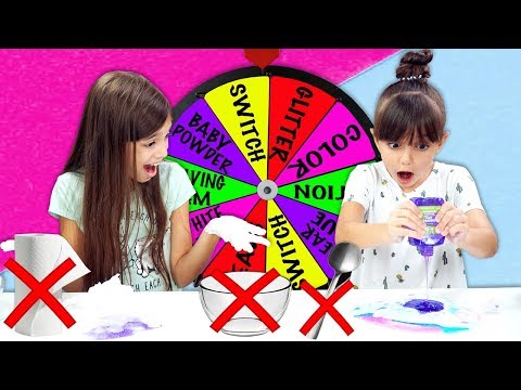 Mystery Wheel Of No Bowl, No Spoon Slime Challenge! | Emily and Evelyn