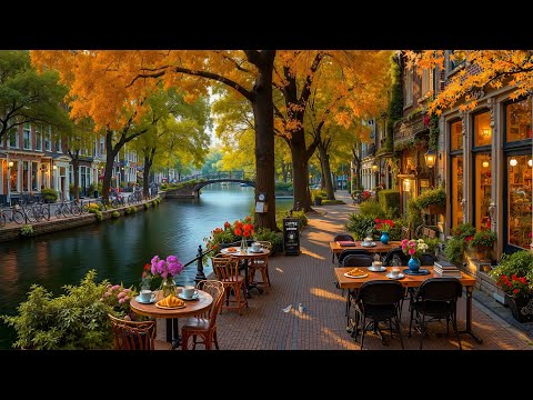 Positive Jazz Café Morning | Autumn Walk Along Amsterdam Canal with Warm Atmosphere