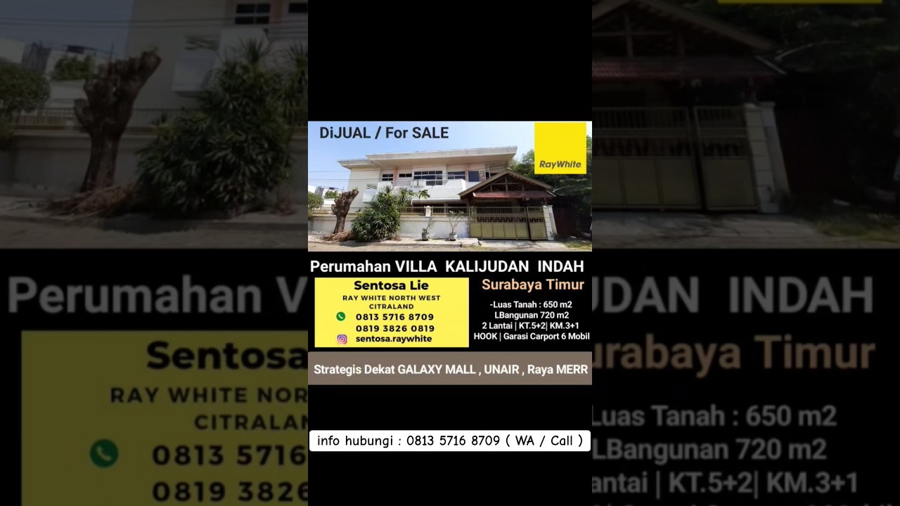 For Sale 650 M2 Villa Kalijudan Indah House - Corner Unit 2-Story House East Surabaya - Special 5+2 Bedrooms - Carport Garage for 6 Cars - Freehold - Near Galaxy Mall, Unair, Raya Merr