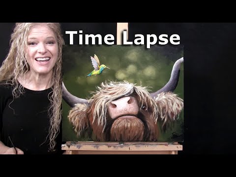 TIME LAPSE-Learn How to Draw and Paint "HUMMINGBIRD AND HIGHLAND COW" with Acrylics-Art Tutorial