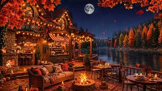 Relaxing Jazz Music & Cozy Cabin by the Lake 🍂 Autumn Jazz in Warm Autumn Night Ambience to Unwind