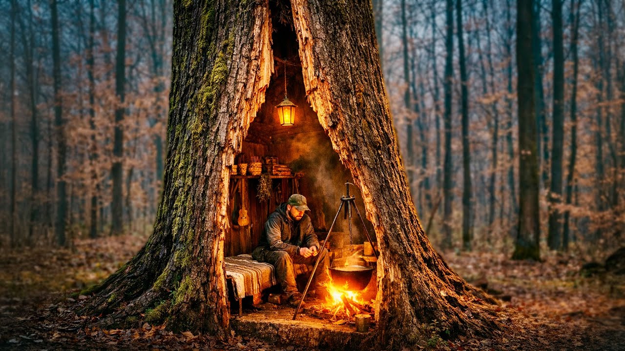 Building a Warm Secret Shelter deep inside a great OAK tree, Clay oven