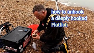 How to unhook a deep hooked flat-fish. Joe Plumsted demonstrates the Billy Bantock (Fisho) way