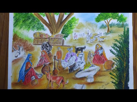 Beautiful village landscape scenery drawing | Indian village scenery drawing | easy village drawing
