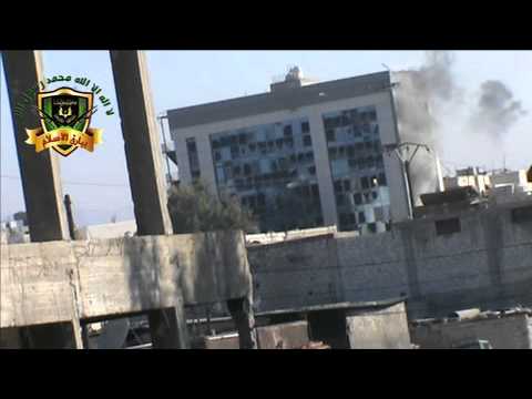 رصد لاستهداف مدفع 23 لقوات النظام متمركز على مبنى في حي القدم في مدينة دمشق من قبل كتيبة بيارق الإسلام