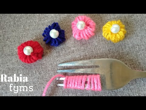 Amazing Trick with Fork - Super Easy Woolen Flower Making Ideas - Hand Embroidery Flower Design