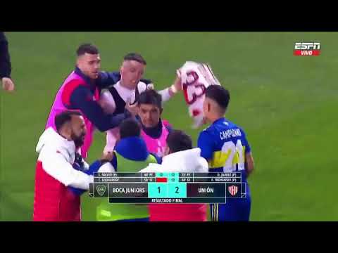 jugadores de Boca se enojan por festejo de Troyanski a la hinchada-Boca juniors 1-2 unión