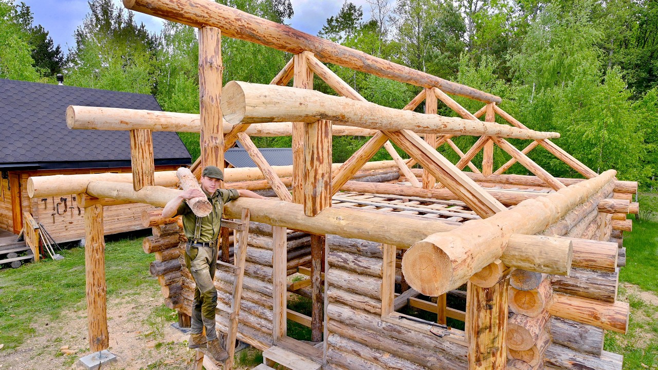 I Alone Building a Log Cabin Massive Porch Overhang and ROOF in the Forest