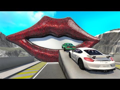 High Speed Jumps & Crashes Into Giant Lips and Mouth - BeamNG drive