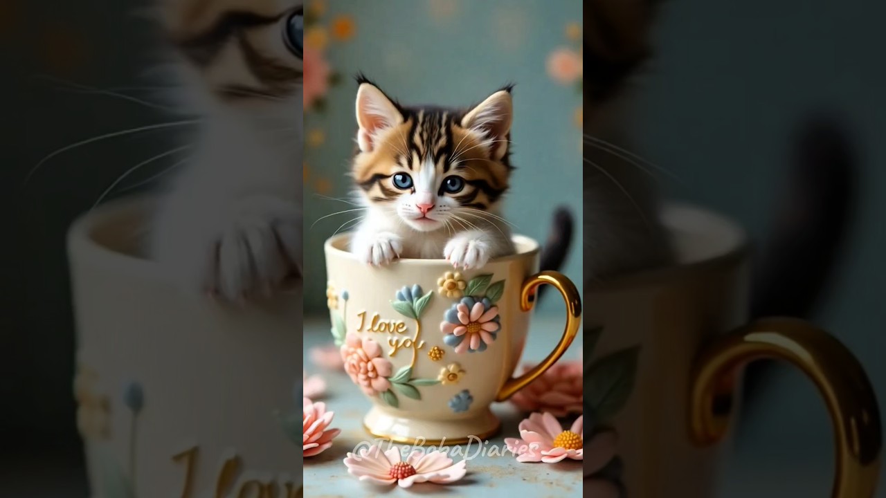 Shy Tiny Cat Giggles from a Floral Teacup and Steals Hearts!