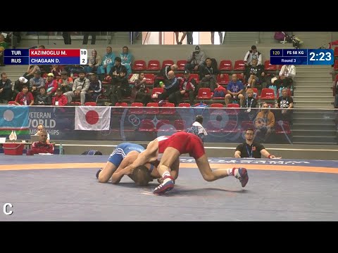 Round 3 FS - 58 kg: M. KAZIMOGLU (TUR) df. D. CHAGAAN (RUS) by TF, 12-2
