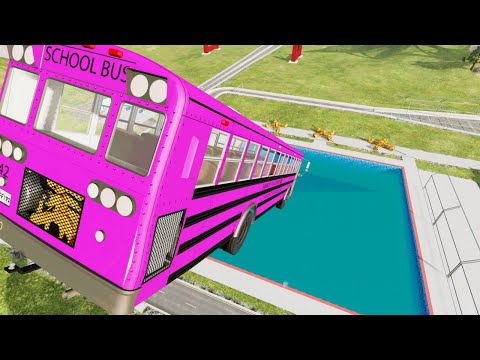 School Buses Make Epic Jumps Into Blue Pool - BeamNG Drive | Cars Test Dummy