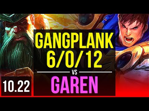 GANGPLANK vs GAREN (TOP) | 6/0/12, 1.2M mastery, 400+ games, Dominating | KR Diamond | v10.22