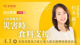 【国会中継】14:55~「予算委嘱審査：災害時の食料支援」 参議院議員 杉本純子 国会質疑 令和8年4月1日 参政党