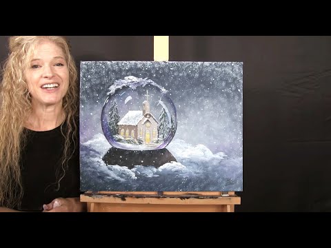 Learn How to Draw and Paint with Acrylics "SNOW GLOBE CHURCH"- Paint and Sip at Home - Art Tutorial