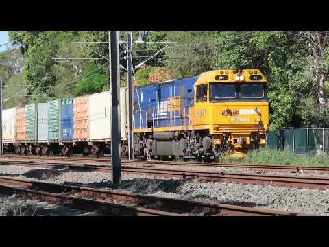 Three Pacific National Queensland narrow gauge Trains in Brisbane.