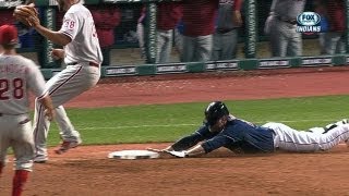 PHI@CLE: Giambi slides into first for base hit