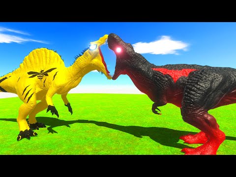 BUMBLEBEE SPINO vs CARTOON CAT T-REX vs RED BATMAN T-REX DEATH RUN - Animal Revolt Battle Simulator