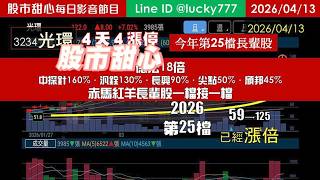 0413【甜心盤後節目】狂賀光環榮登第25檔長輩股！德宏18倍．中探針160%．汎銓130%．長興90%．尖點50%．頎邦45%－赤馬紅羊長輩股一檔接一檔
