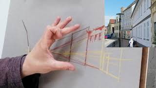 Raum/Perspektive - "Mehrere 1- Fluchtpunktkonstruktionen bei nicht in einer gemeinsamen Flucht stehenden Stadtgebäudefassaden – mit lässigem Aquarellieren kombiniert (Level 2-3)