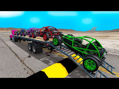 Flatbed Trailer Truck Transporter Rescue - Car vs Rails and Trains - BeamNG.drive