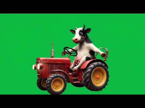The cow is driving a tractor that exits the screen to the left 4k green screen #animals