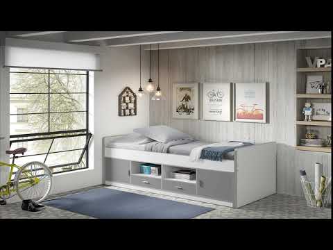 Lit enfant multi-rangement 90x200 cm bois blanc et turquoise Bonny