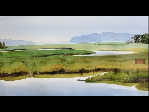 Watercolor painting a beautiful salt marsh with distant islands