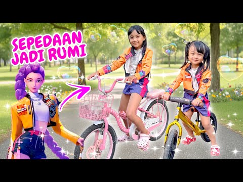 Samantha and Audrey ride bicycles while cosplaying as Rumi from the K-Pop Demon Hunter, which goe...