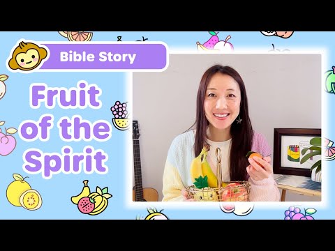 Smiling woman with a fruit basket (bananas, grapes, apples) in a thumbnail for a Bible Story about the Fruit of the Spirit.