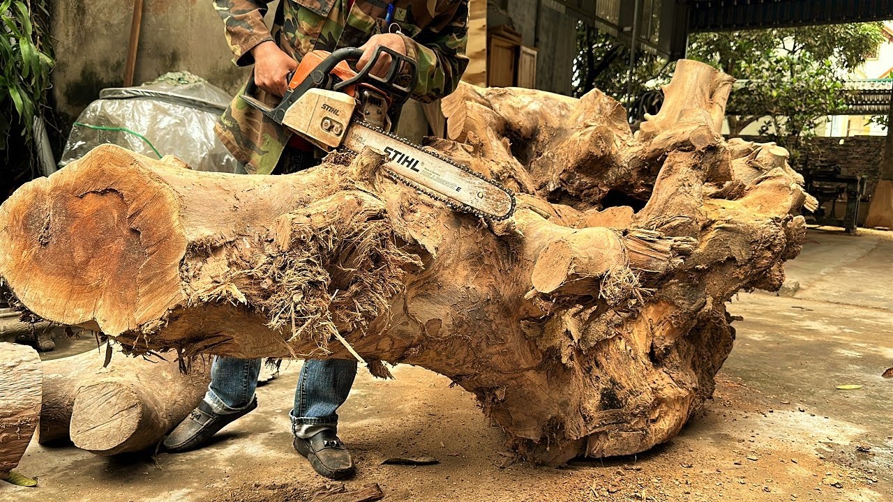 Largest Rustic Monolithic Table From Old Rare Giant Tree Stump // Extremely Heavy Woodworking Skills