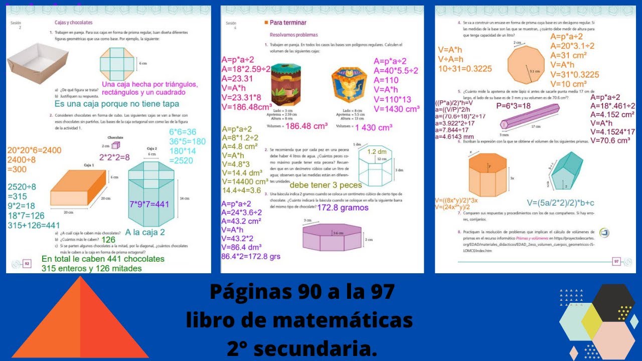 Páginas 90, 91, 92, 93, 94, 95, 96 y 97 libro de matemáticas 2° secundaria Prismas.