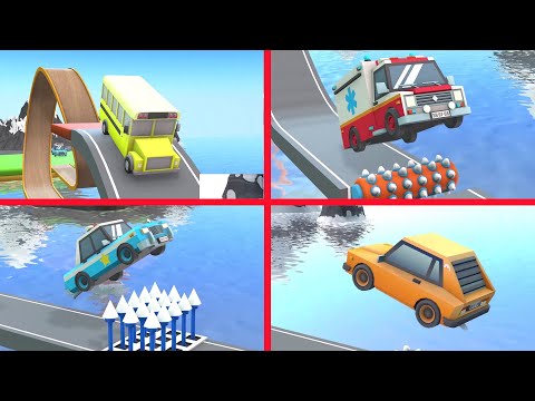 School Bus Ambulance Police Car Cartoon Vehicles Obstacle Course Ultimate Wipeout Challenge