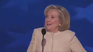 Crowd cheers for Hillary Clinton as she takes DNC stage