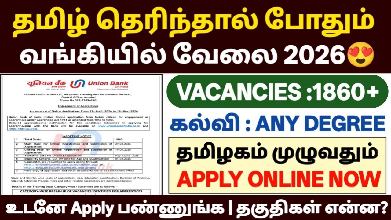தமிழ் தெரிந்தால் போதும் பிரபல வங்கியில் வேலை 2026 | 🔴Union 