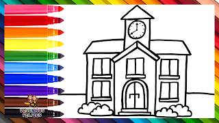 Desenhar e Colorir uma Escola 🏫🔔🌈 Desenhos para Crianças
