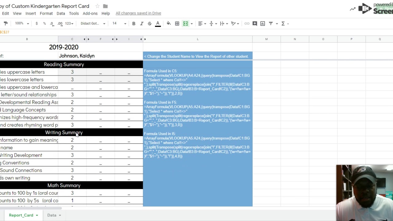 Copy of Custom Kindergarten Report Card - Google Sheets